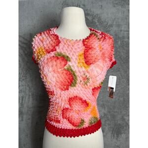 Vintage Y2K 90s Popcorn Top Pink Floral Fruit Print Stretch Crinkle Textured